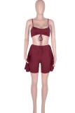 Burgundy Sexy Solid Patchwork Flounce Spaghetti Strap Sleeveless Two Pieces