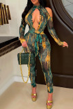 Multicolor Fashion Sexy Print Hollowed Out Half A Turtleneck Skinny Jumpsuits