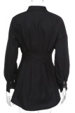 Black Street Solid Patchwork Fold Turndown Collar Shirt Dress Dresses