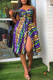 Colour Sexy Print Patchwork Spaghetti Strap Cake Skirt Dresses