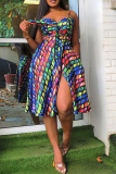 Colour Sexy Print Patchwork Spaghetti Strap Cake Skirt Dresses