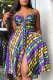 Yellow Sexy Print Patchwork Spaghetti Strap Cake Skirt Dresses