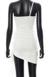 White Sexy Solid Patchwork One Shoulder Irregular Dress Dresses