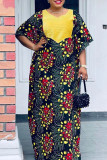 Yellow Floral Patchwork V Neck Dresses