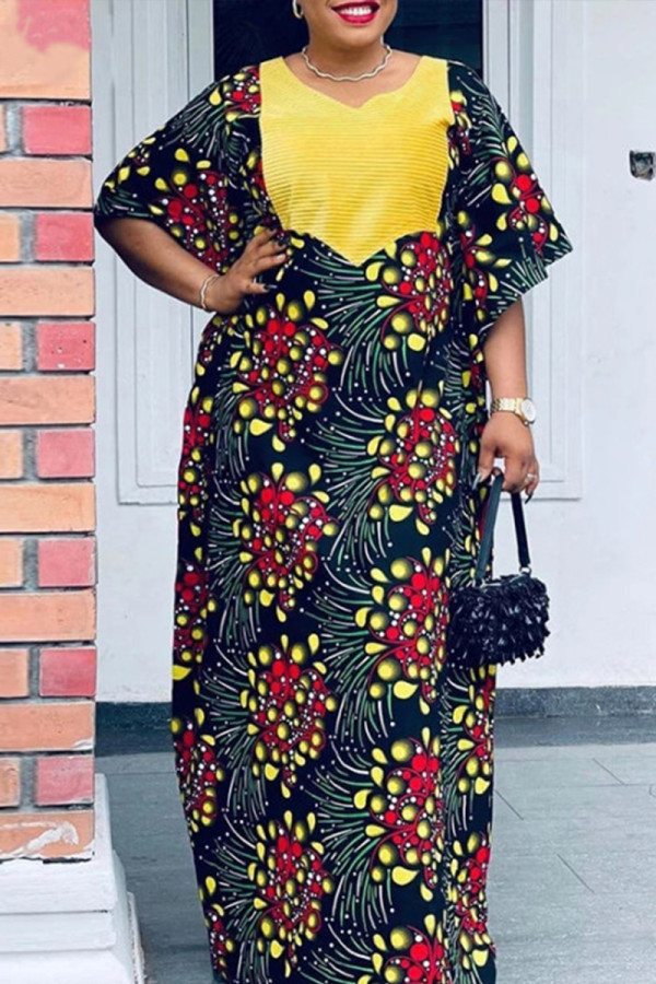 Yellow Floral Patchwork V Neck Dresses