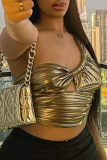 Gold Sexy Solid Patchwork One Shoulder Tops