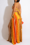 Orange Fashion Sexy Bohemian Vacation Color Lump Strap Design Printing Halter Beach Dresses