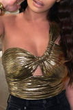 Gold Sexy Solid Patchwork One Shoulder Tops