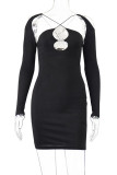 Black Sexy Solid Hollowed Out Patchwork Asymmetrical Collar Pencil Skirt Dresses