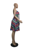 Colour Sexy Print Patchwork Spaghetti Strap Cake Skirt Dresses