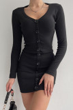 Apricot Sexy Solid Patchwork Buckle V Neck Long Sleeve Two Pieces
