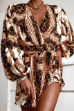 Brown Vintage Print Bandage Patchwork V Neck Shirt Dress Dresses