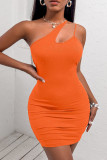 Rose Red Sexy Solid Patchwork Asymmetrical Oblique Collar Pencil Skirt Dresses