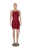 Burgundy Sexy Solid Fold Spaghetti Strap Pencil Skirt Dresses