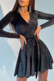Black Fashion Solid Sequins V Neck Cake Skirt Dresses