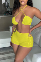 Yellow Sexy Solid Split Joint Frenulum Sleeveless Two Pieces