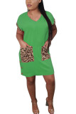 Green Fashion adult Ma'am Sweet Cap Sleeve Short Sleeves V Neck Step Skirt Knee-Length Patchwork Solid Dresses