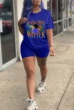 Blue Fashion Casual Print Basic O Neck Short Sleeve Two Pieces