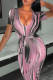 Pink Sexy Print Patchwork V Neck One Step Skirt Dresses