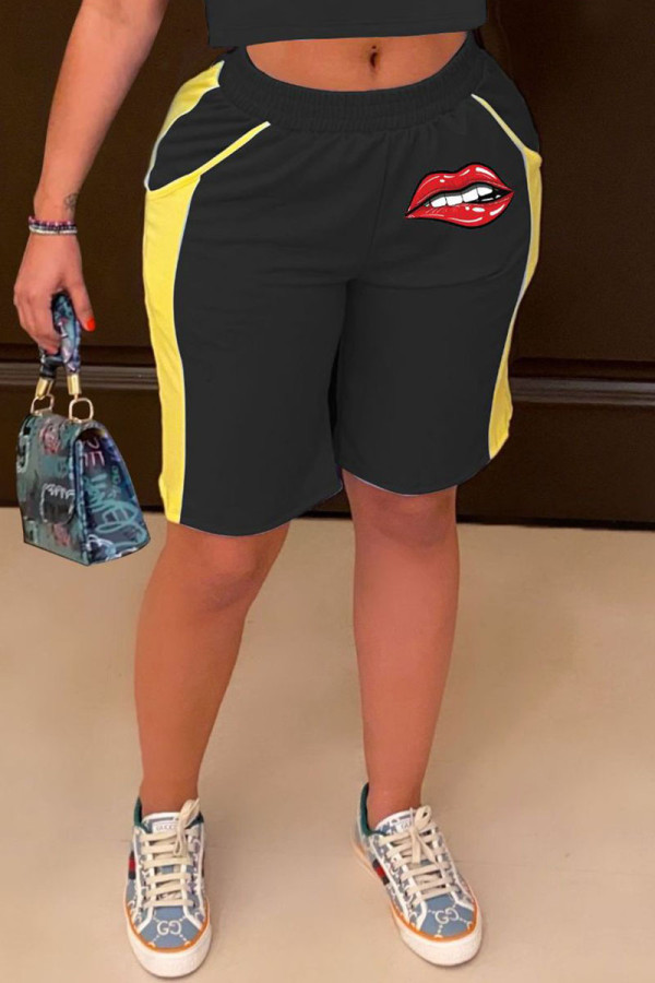 Black Casual Print Patchwork Straight Straight Positioning Print Bottoms
