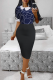 Tibetan Blue Fashion Print Patchwork Turndown Collar Pencil Skirt Dresses