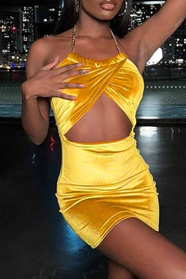 Yellow Fashion Sexy Solid Hollowed Out Backless Halter Sleeveless Dress