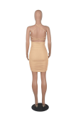 Khaki Sexy Solid Hollowed Out Halter Pencil Skirt Dresses
