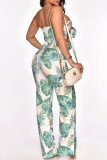 Green Fashion Sexy Casual Floral Pants Cut Out V Neck Regular Jumpsuits