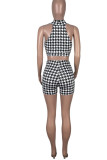 Pink Sexy Plaid Print Patchwork Knotted V Neck Sleeveless Two Pieces