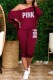 Burgundy Fashion Casual Letter Print Basic Oblique Collar Long Sleeve Two Pieces