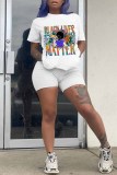 Blue Fashion Casual Print Basic O Neck Short Sleeve Two Pieces