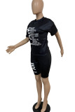 Blue Casual Print Patchwork O Neck Short Sleeve Two Pieces