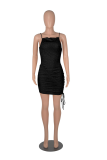 Burgundy Sexy Solid Fold Spaghetti Strap Pencil Skirt Dresses