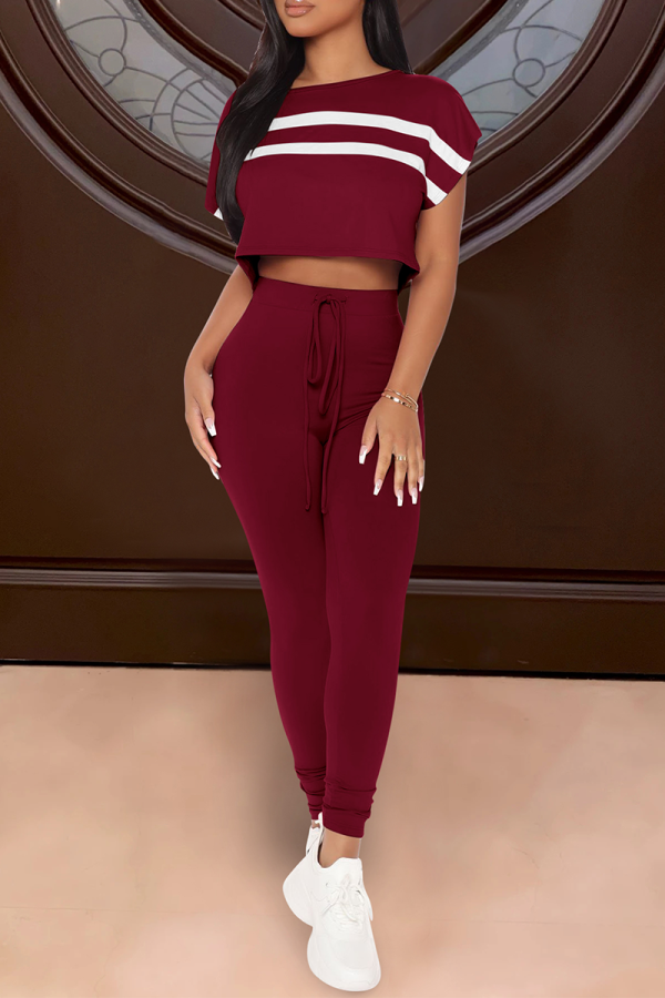 Burgundy Casual Print Patchwork O Neck Short Sleeve Two Pieces