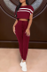 Burgundy Casual Print Patchwork O Neck Short Sleeve Two Pieces