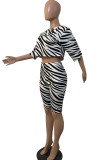 White Casual Street Print Zebra Print Patchwork O Neck Half Sleeve Two Pieces