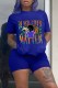 Blue Fashion Casual Print Basic O Neck Short Sleeve Two Pieces