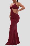 Burgundy Fashion Sexy Solid Hollowed Out Backless Spaghetti Strap Evening Dress Dresses