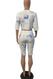 White Casual Print Patchwork O Neck Half Sleeve Two Pieces