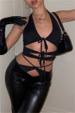 Black Fashion Sexy Solid Bandage Backless Halter Tops