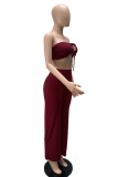 Burgundy Sexy Solid Split Joint Strapless Sleeveless Two Pieces