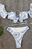 Blue Sexy Print Split Joint Flounce Swimwears
