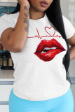 White Fashion Casual Lips Printed Patchwork O Neck T-Shirts