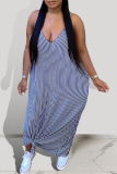 Blue Sexy Striped Patchwork Spaghetti Strap Straight Dresses
