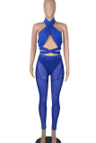 Colorful Blue Sexy Solid Bandage Split Joint See-through Asymmetrical Sleeveless Three Pieces