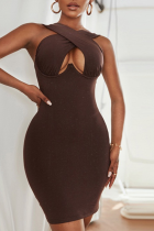 Brown Sexy Solid Split Joint Halter Pencil Skirt Dresses
