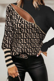 White Casual Print Patchwork Zipper Turtleneck Tops