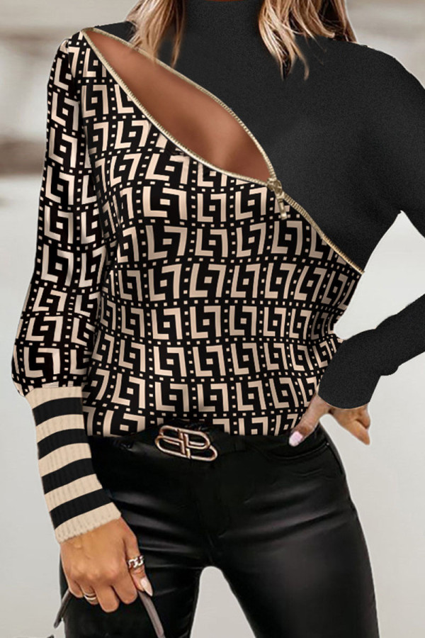 Brown Casual Print Patchwork Zipper Turtleneck Tops