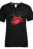 White Fashion Casual Lips Printed Patchwork O Neck T-Shirts
