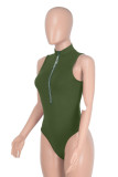 Green Sexy Solid Patchwork Hot Drill Zipper Collar Skinny Bodysuits